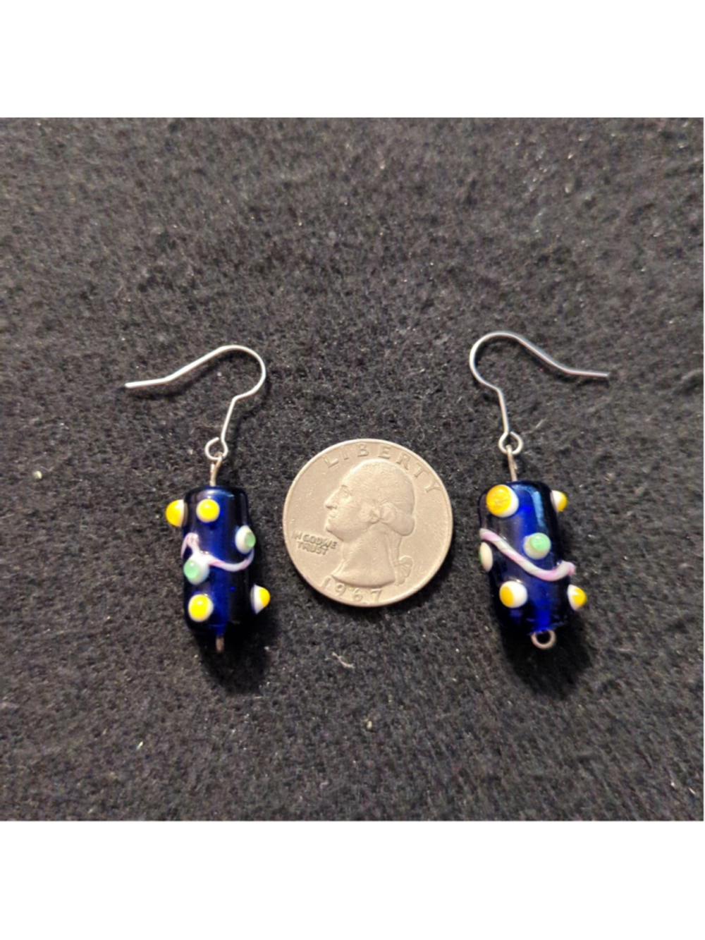 Silver Tone Blue White Yellow Lampwork Glass Beaded Dangle Statement Earrings - Picture 2 of 2
